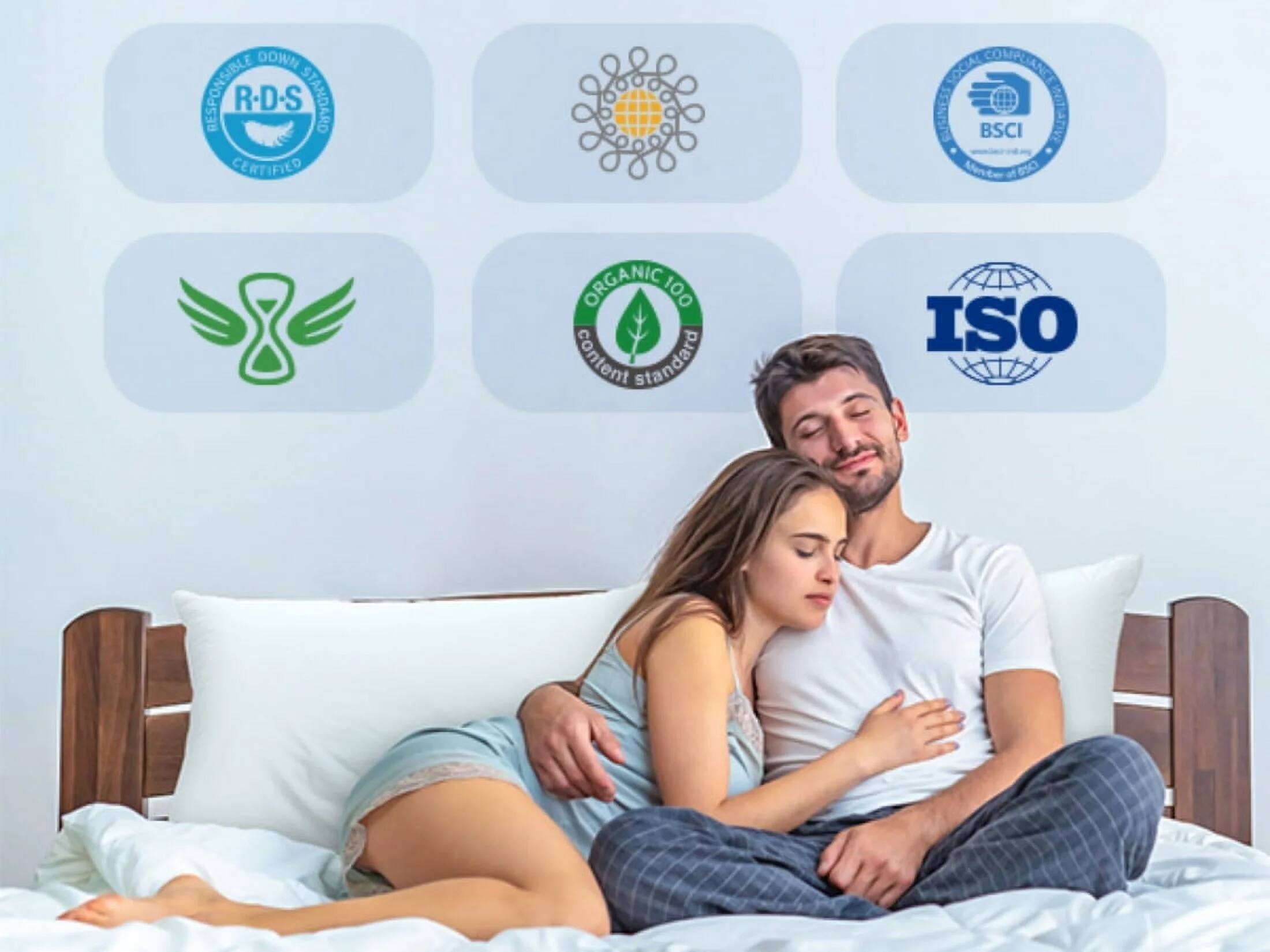 The corrected text is:

- DOWN RESPONSIBLE
- R-D-S STANDARD CERTIFIED
- SOCIAL COMPLIANCE
- BSCI
- ORGANIC 100% CONTENT STANDARD
- ISO