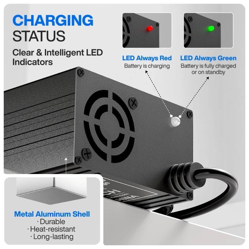 CHARGING STATUS  
Clear & Intelligent LED Indicators  

LED Always Red  
Battery is charging  

LED Always Green  
Battery is fully charged or on standby  

Metal Aluminum Shell  
- Durable  
- Heat-resistant  
- Long-lasting  

8 CH mescom HINA