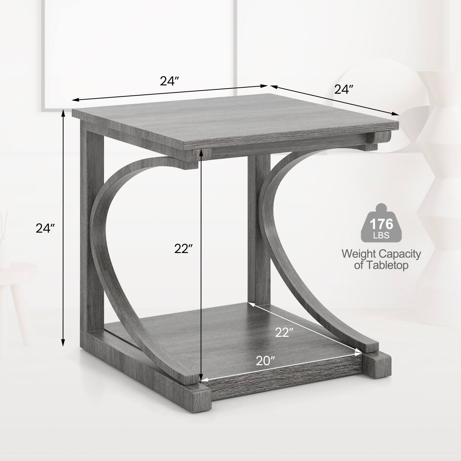 24" x 24" tabletop  
24" height  
22" depth  
20" width of base  
176 lbs weight capacity