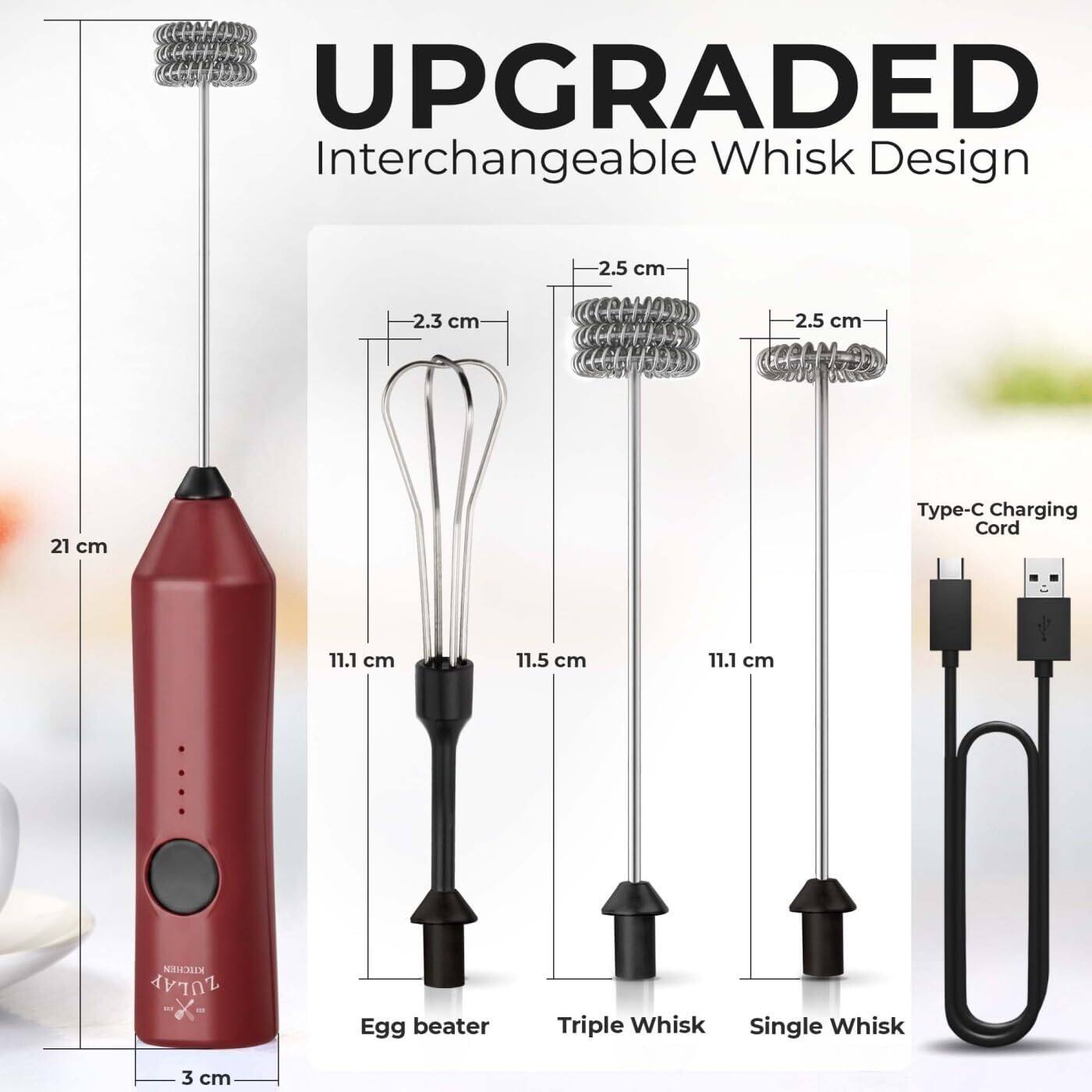 UPGRADED Interchangeable Whisk Design

- Egg beater: 21 cm, 11.1 cm, 3 cm
- Triple Whisk: 2.3 cm, 11.5 cm, 11.1 cm
- Single Whisk: 2.5 cm, 11.1 cm
- Type-C Charging Cord: 11.1 cm