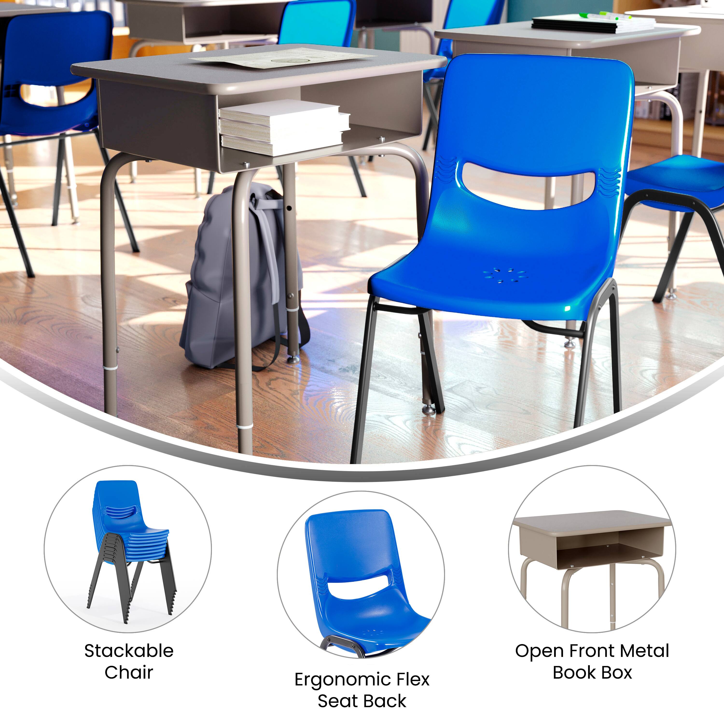 Stackable Chair  
Ergonomic Flex Seat Back  
Open Front Metal Book Box