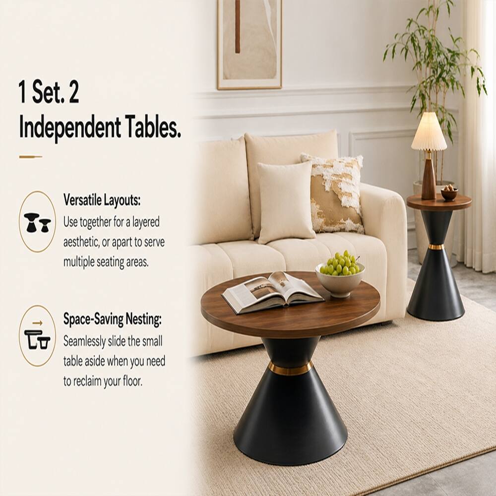 Loheer 2 Piece Round Coffee Table Set Walnut Black Metal Base Walnut ...