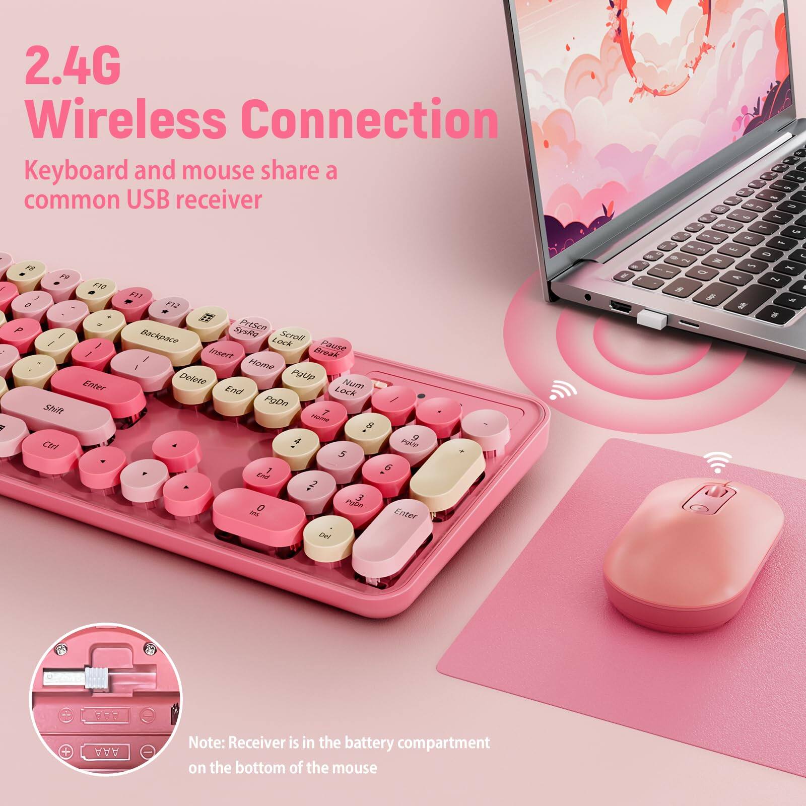 2.4G Wireless Connection  
Keyboard and mouse share a common USB receiver  

Note: Receiver is in the battery compartment on the bottom of the mouse