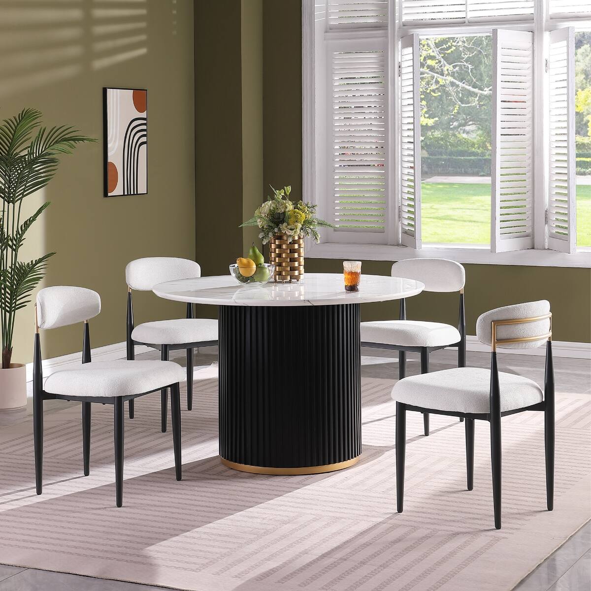 Angle. Loheer - Loheer 46-Inch Round Faux Marble Dining Table with Black Fluted Metal Base for Four to Six - White, Black, Gold.