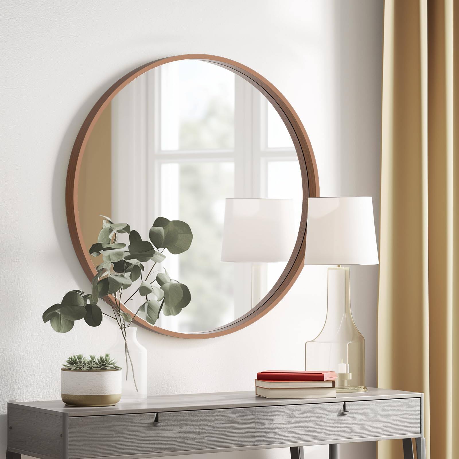 Alt View 4. Comfort Essence - Round Wood Mirror 24" Bathroom Wall Circle Mirrors For Decor Vanity Living Room Bedroom Entryway Walnut - White-28"L x 28"W.