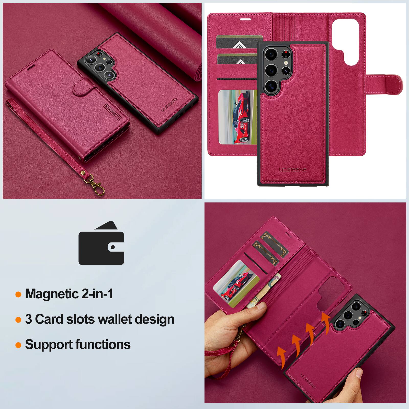 LAMMESIA  
LCMEEKE  
LEMEEKE  
Magnetic 2-in-1  
3 Card slots wallet design  
Support functions  
LESTSCHE