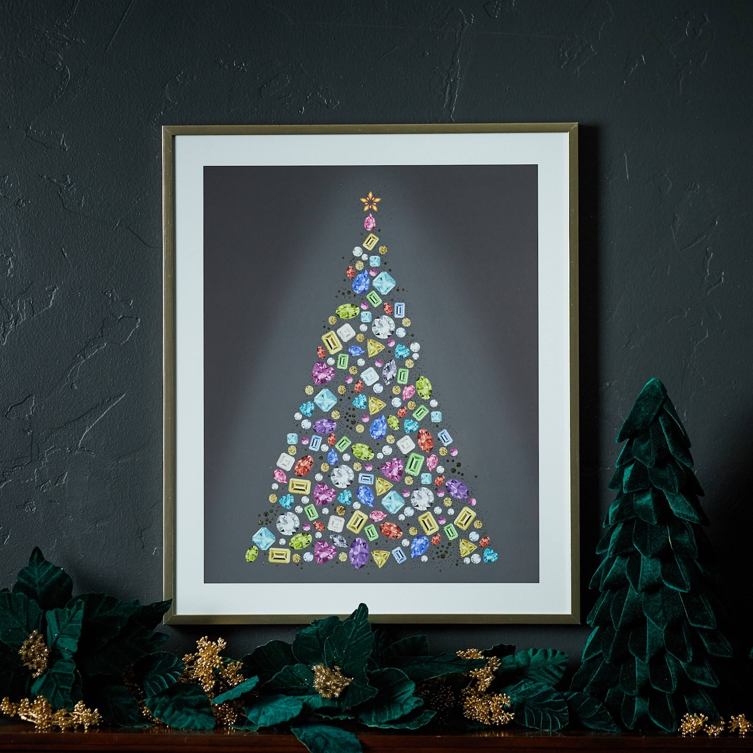 Angle. BreeBe - Holiday Jewel Tree Print Under Glass 23.5"H - Blue, White, Red.