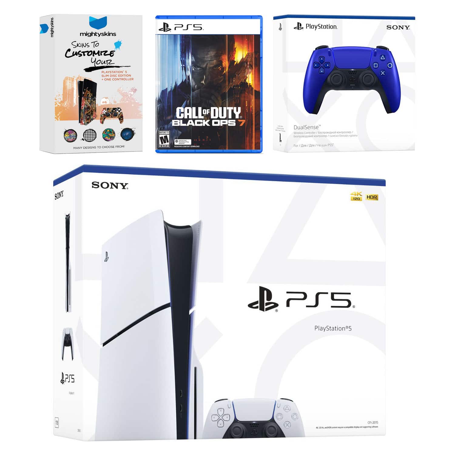 PlayStation 5 Slim Disc Bundle with Call of Duty Black Ops 7 Game, MightySkins Code and Extra Controller - Cobalt - PlayStation 5
