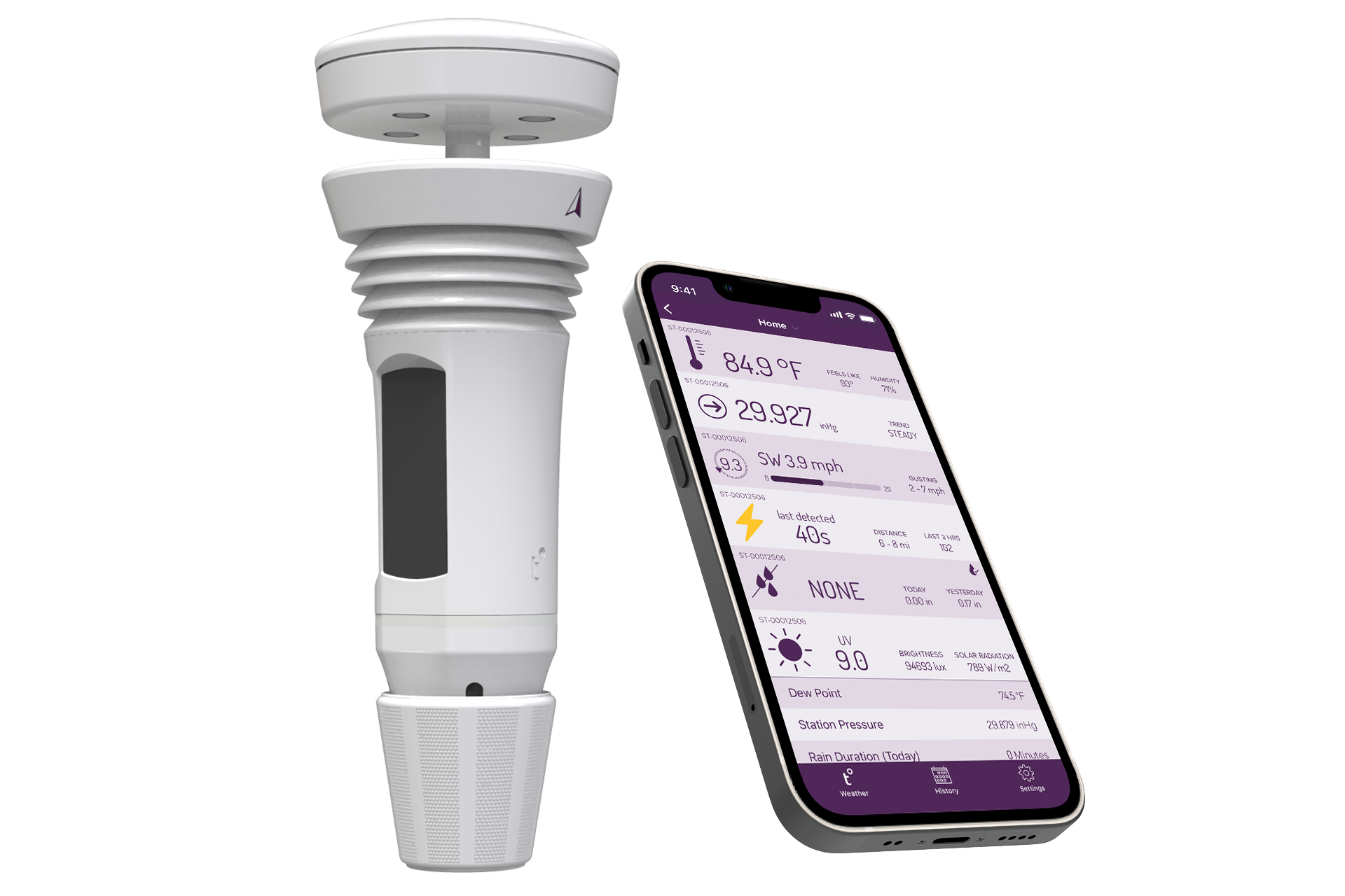 A 9:41 fi Home 2-00002506 84.9F PSELLME TERL 7-0050 2 77% 29,927 whe crter 7-0000S00 STCADY 9.3 SW 3.9 mph 1 OUSTRG 2- mgh 7-00002506 last detected 40s DESTRNCE LAST HeS 8 me 102 S2-00012506 NONE ST-00012506 TDa YESTEACAY 0:00 in 0O UV 9.0 MOMIGHTNESS SC s RADIATION lx 789 m2 Dew Point 745F Station Pressure 29879 inkg Rain Duration (Today) 9 weather vistery Minutes Semings

Corrected text:

A 9:41 fi Home 2-00002506 84.9F PSELLME TERL 7-0050 2 77% 2