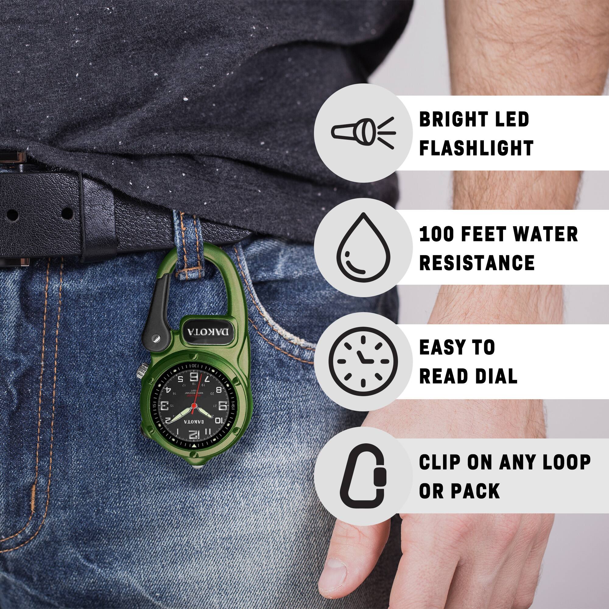 BRIGHT LED FLASHLIGHT  
100 FEET WATER RESISTANCE  
EASY TO READ DIAL  
CLIP ON ANY LOOP OR PACK