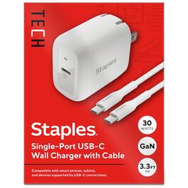 Staples TECH - GaN USB-C Wall Charger with Cable, 30W, White, Fast Charging Power Adapter for Phones/Tablets