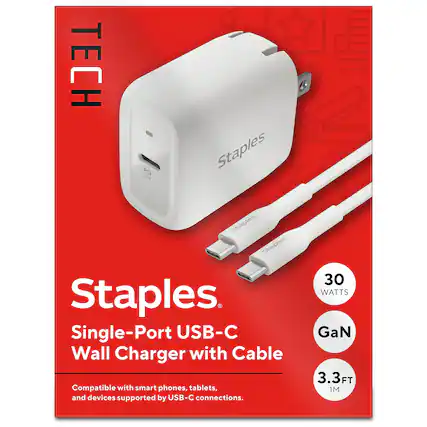 TECH PD was Staples Single-Port USB-C Wall Charger with Cable Compatible with smart phones, tablets, and devices supported by USB-C connections.
30 WATTS GaN 3.3FT 1M