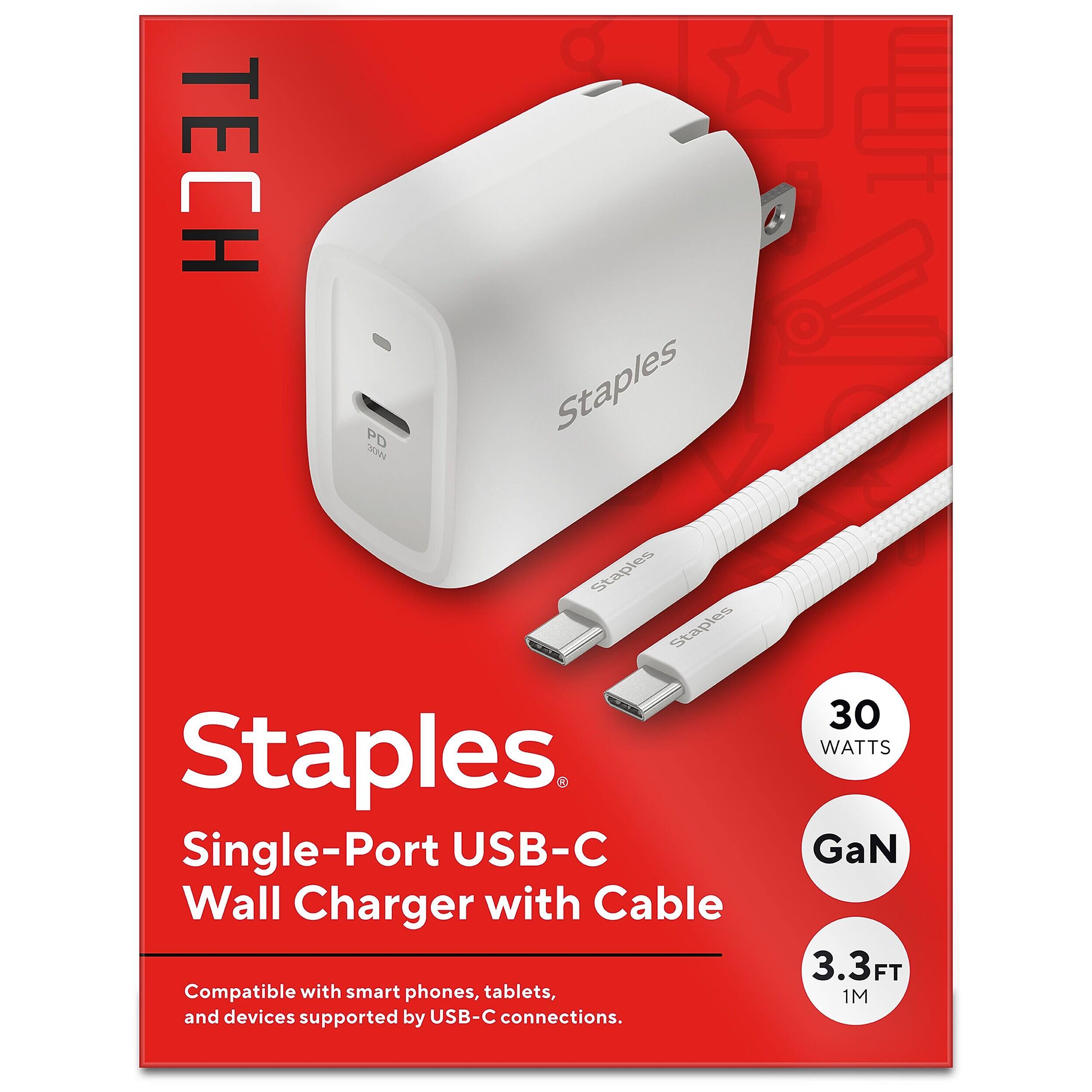 TECH PD was Staples Single-Port USB-C Wall Charger with Cable Compatible with smart phones, tablets, and devices supported by USB-C connections.  
30 WATTS GaN 3.3FT 1M