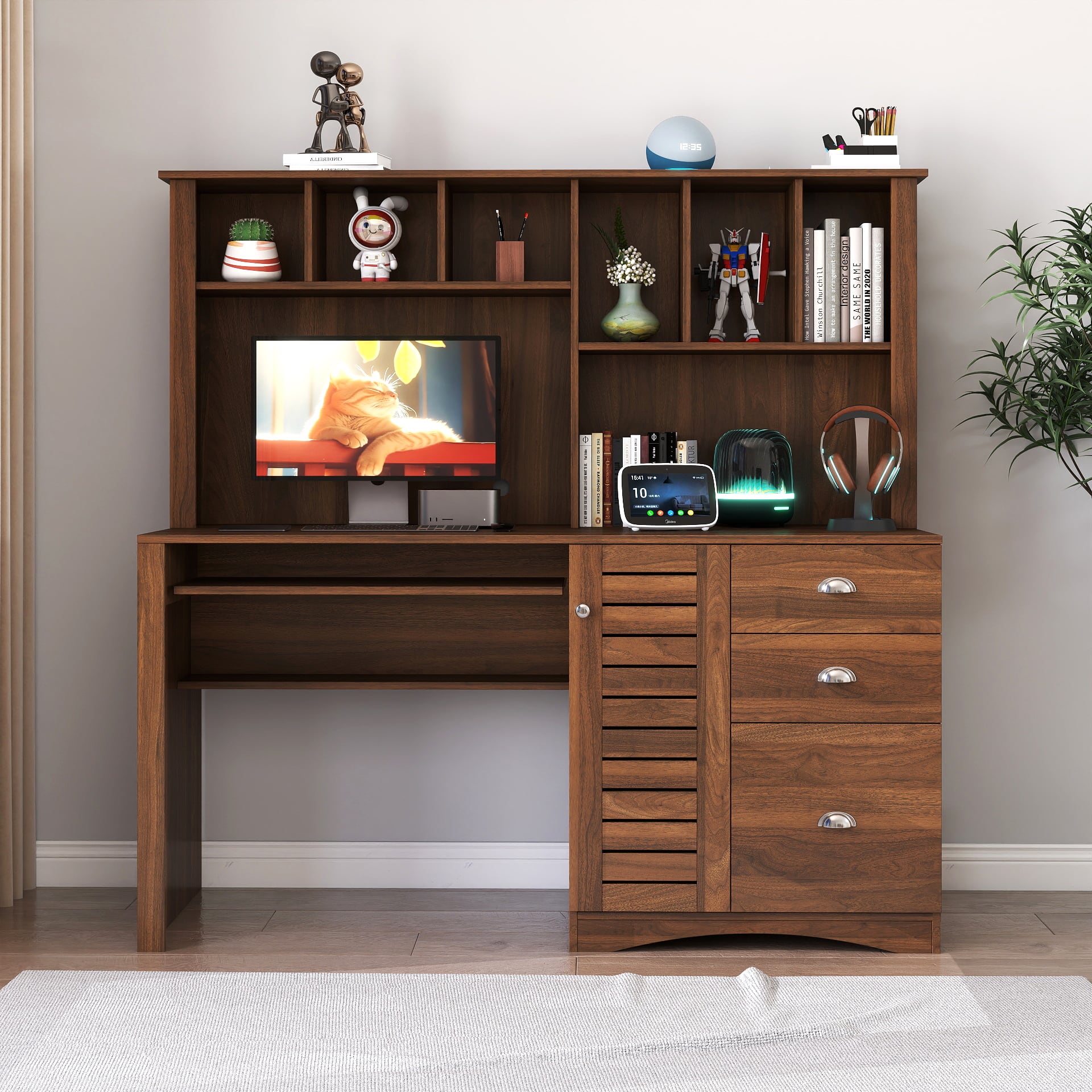 Tiramisubest - Home Office Computer Desk with Hutch, Antiqued finish - Walnut