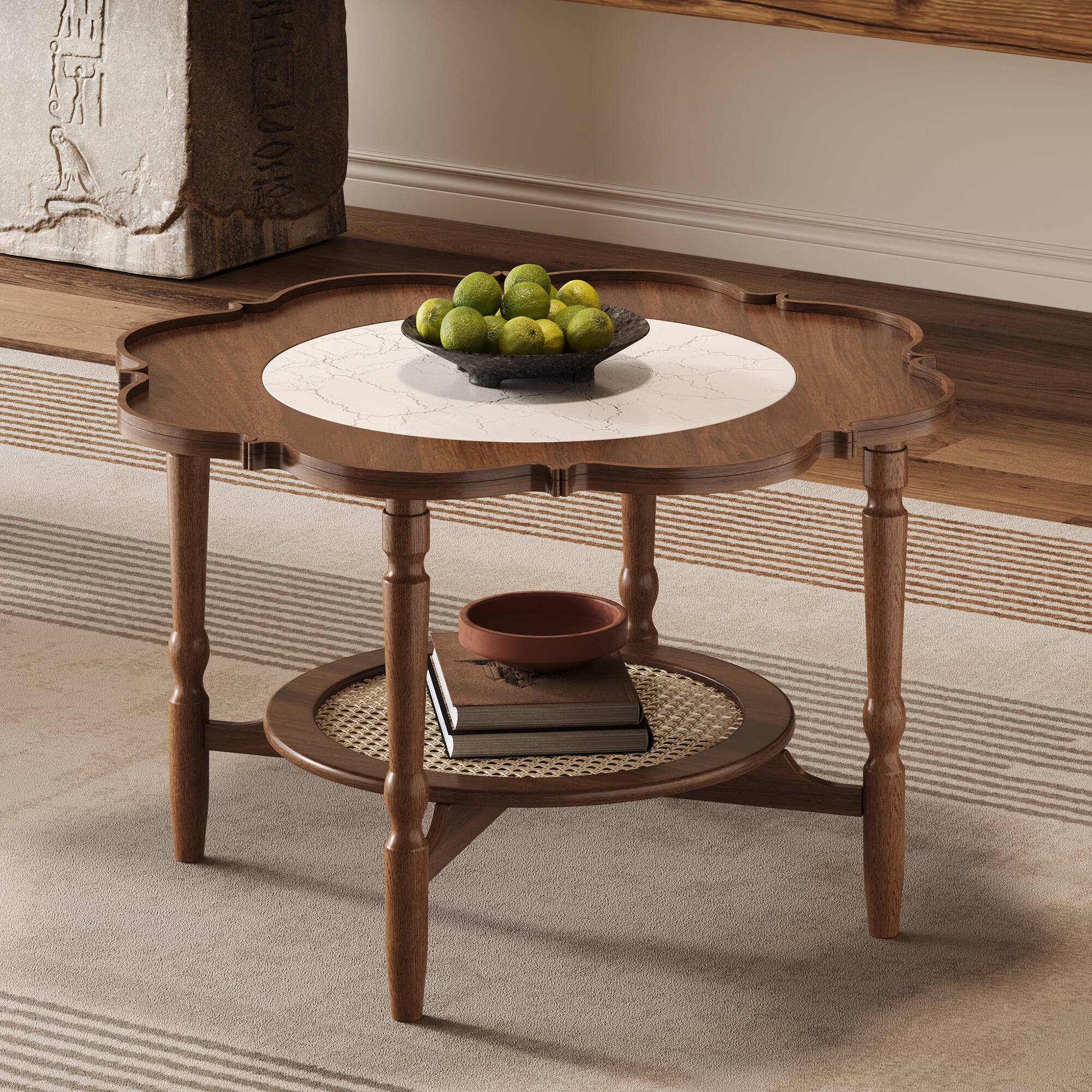 Alt View 7. Ecooso - Mid-Century Coffee Table with Petal Shape, Crackle Glass Top, 2-Tier Rattan Storage, 31.5" - Walnut.