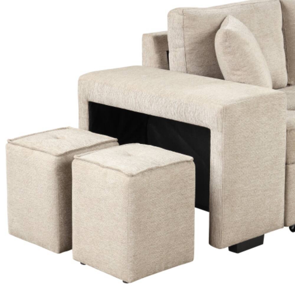 Alt View 5. LUCKY ONE - 104.5" L-Shape Reversible Pull-Out Sleeper Sectional Sofa with Storage Chaise & 2 Stools - Cream.