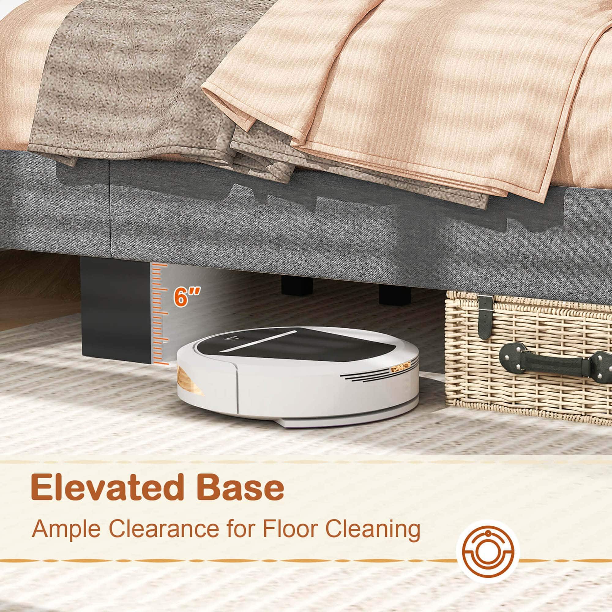 The text on the image reads: "Elevated Base Ample Clearance for Floor Cleaning."