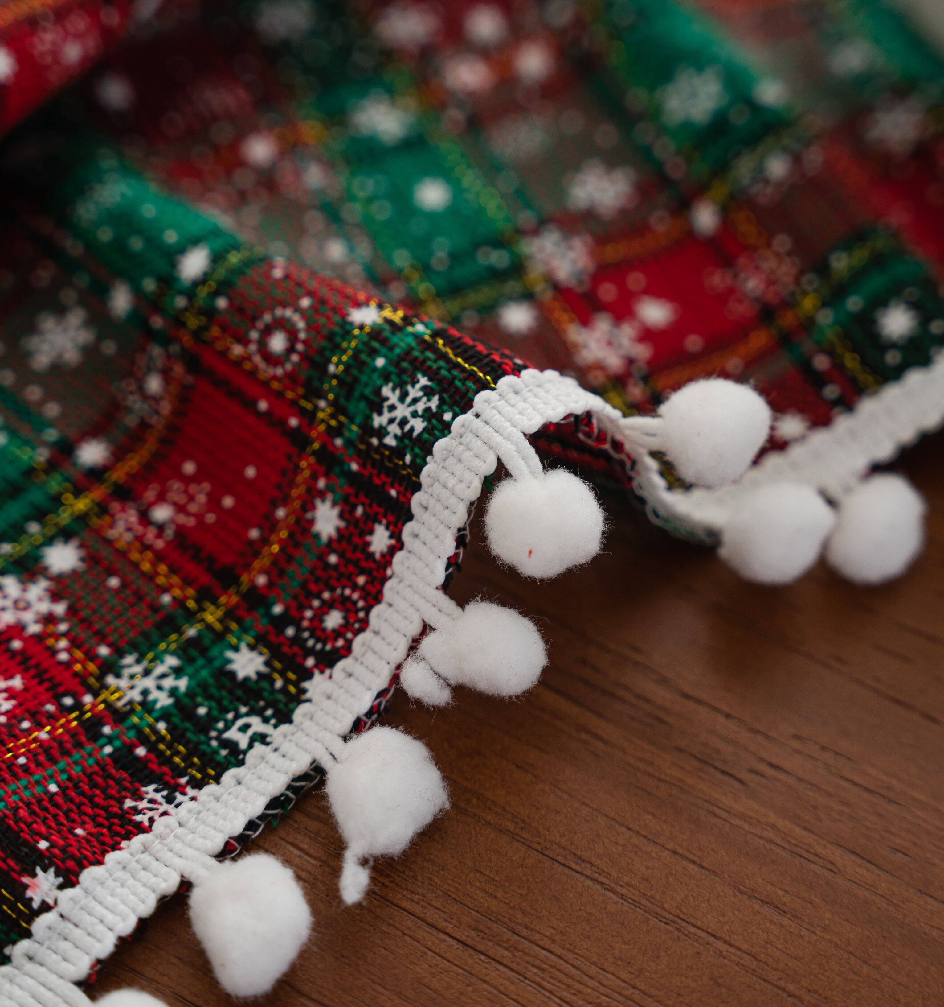 Left. Oumilen - 59x118in Rectangle Christmas Red & Green Plaid Tablecloth with White Pom Pom Fringe – Winter Snowflake for Xmas Decor - Multicolor.