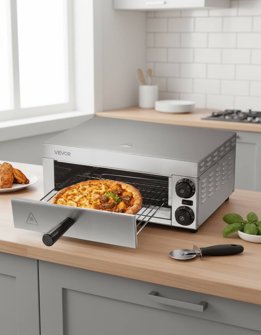 Angle. Forest'nSky - 12-Inch 1500W Countertop Pizza Oven, Commercial Grade with Temp Control & Timer, Even Heat - Silver.