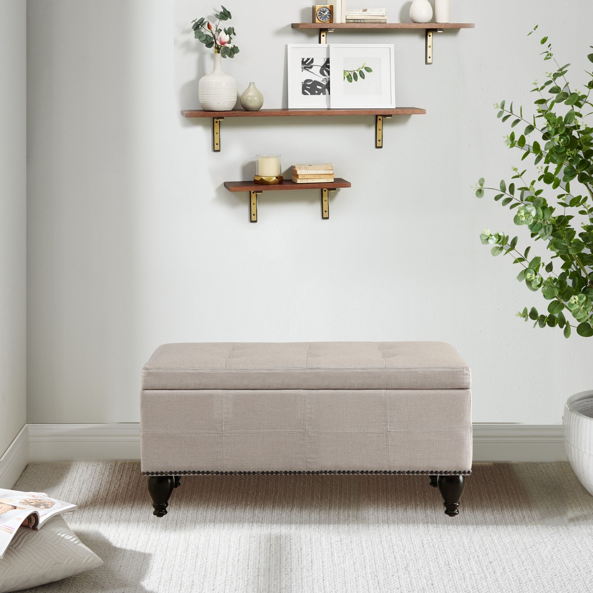 Boyel Living - Small Linen Bench with Nailhead Trim and Solid Wood Legs - Beige