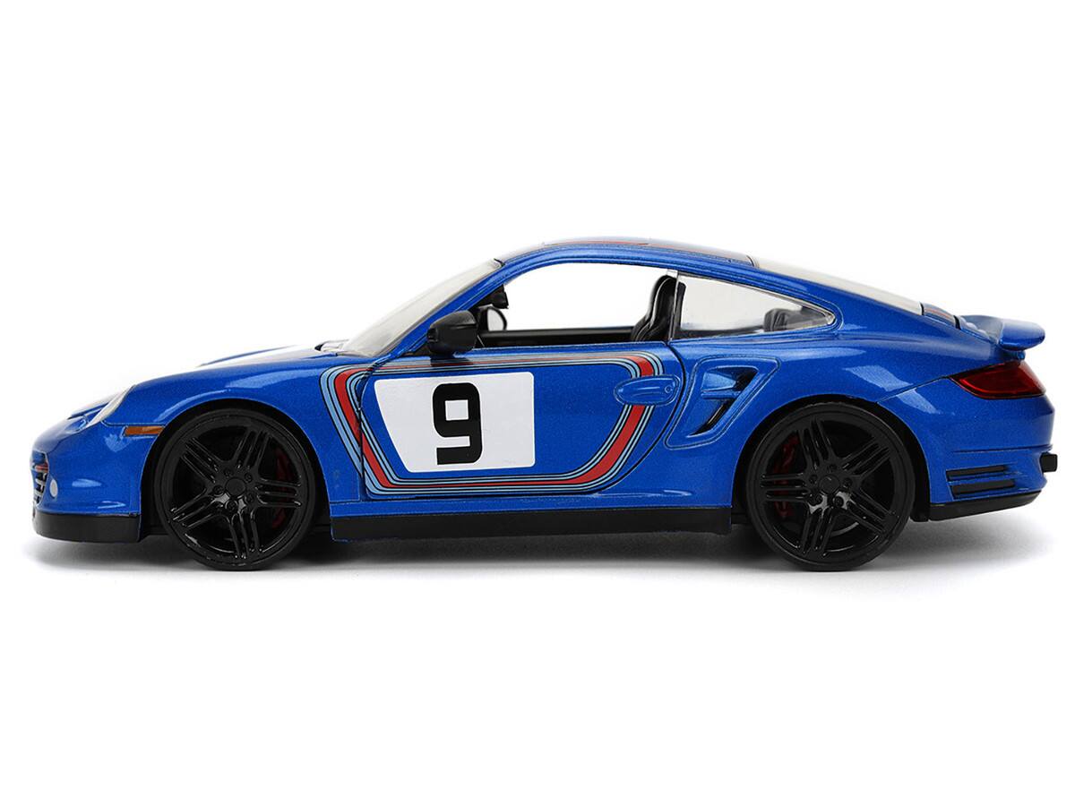 Left. Jada - Porsche 911 Turbo (997) #9 Blue Metallic with Stripes "Hyper-Spec" Series 1/24 - Blue Metallic.