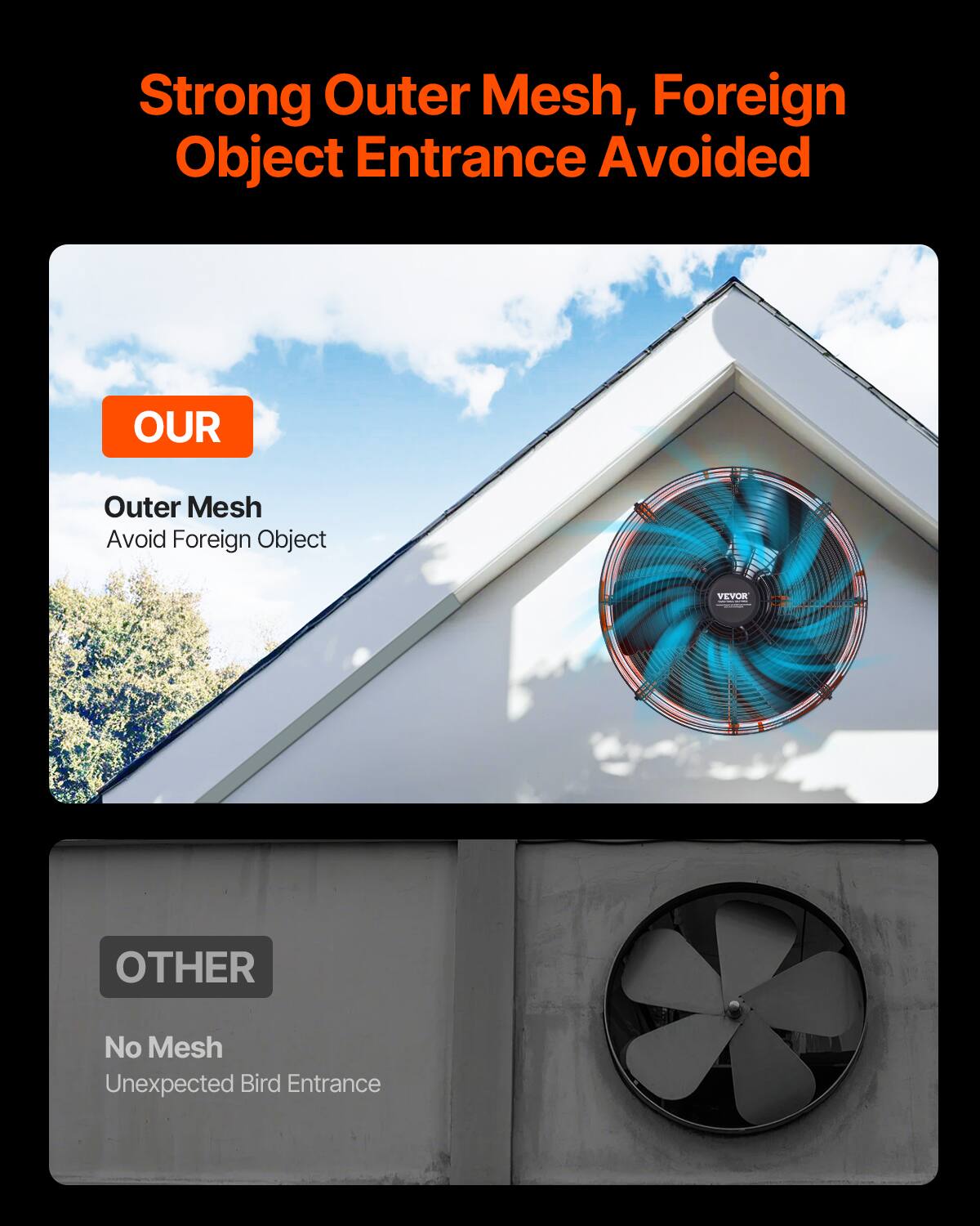 Strong Outer Mesh, Foreign Object Entrance Avoided

OUR  
Outer Mesh  
Avoid Foreign Object

OTHER  
No Mesh  
Unexpected Bird Entrance