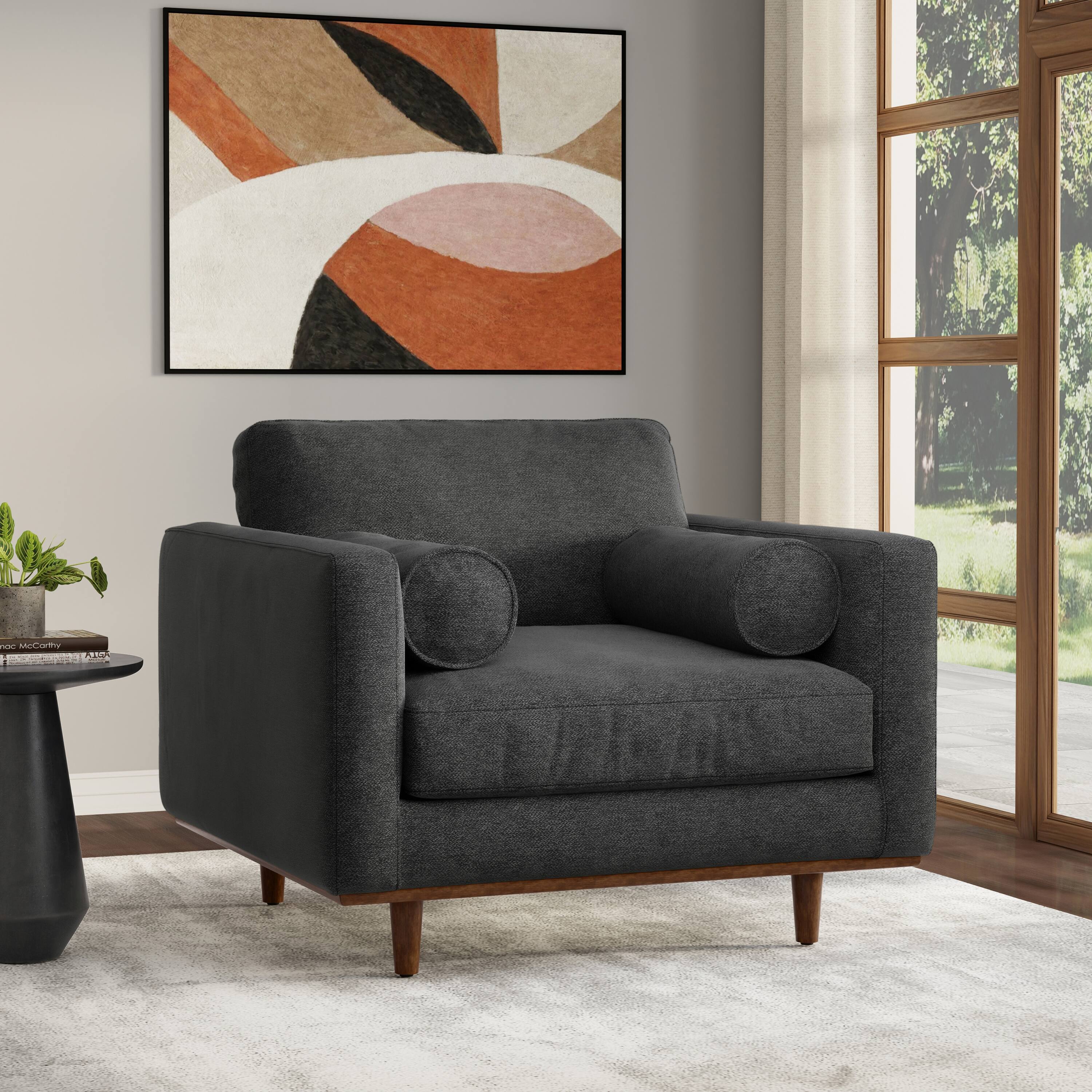 Angle. Simpli Home - Morrison 42 inch Wide Mid-Century Modern Arm Chair in Charcoal Grey - Charcoal Grey.