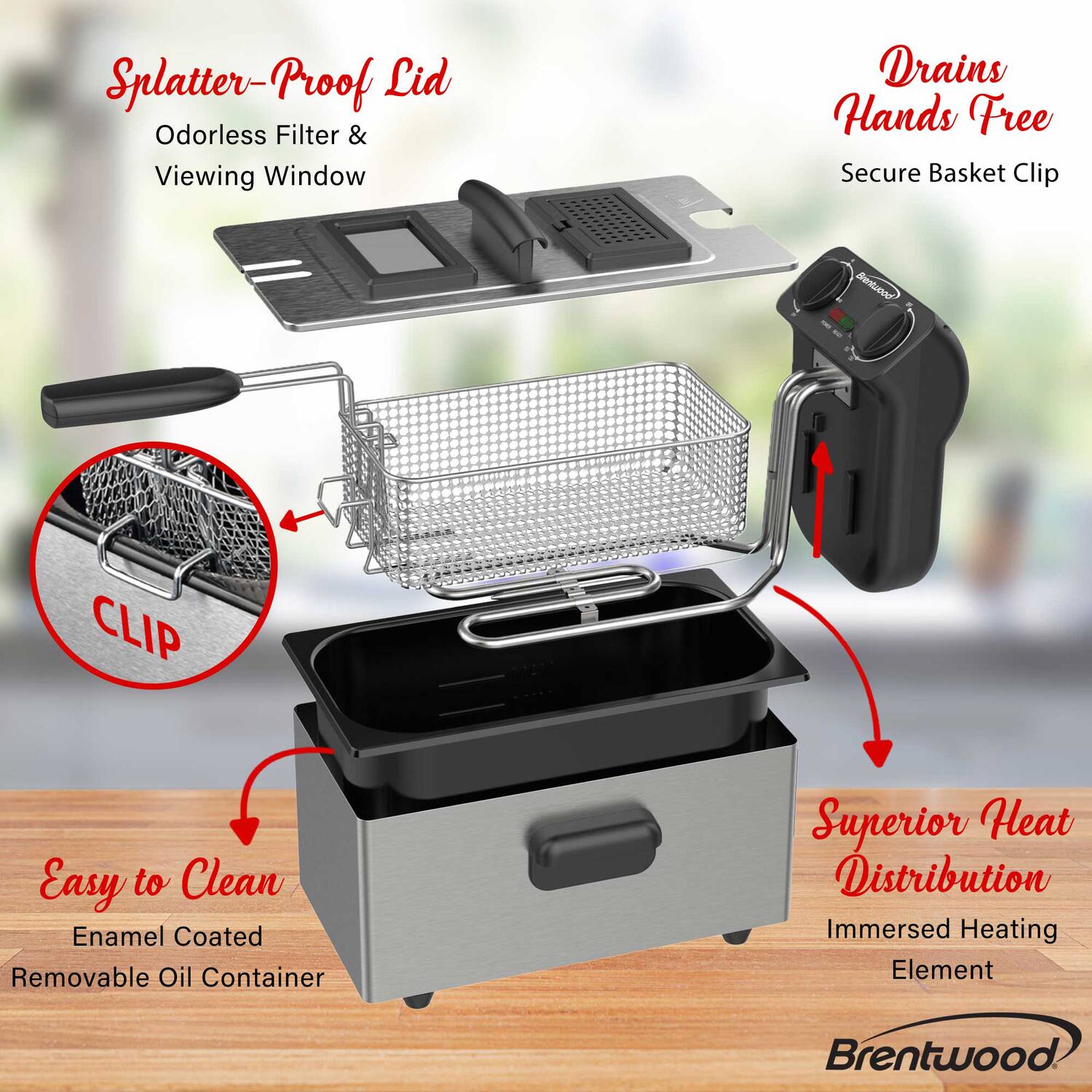 - Splatter-Proof Lid
- Odorless Filter & Viewing Window
- Drains Hands Free
- Secure Basket Clip
- Easy to Clean
- Enamel Coated
- Removable Oil Container
- Superior Heat Distribution
- Immersed Heating Element
- Brentwood