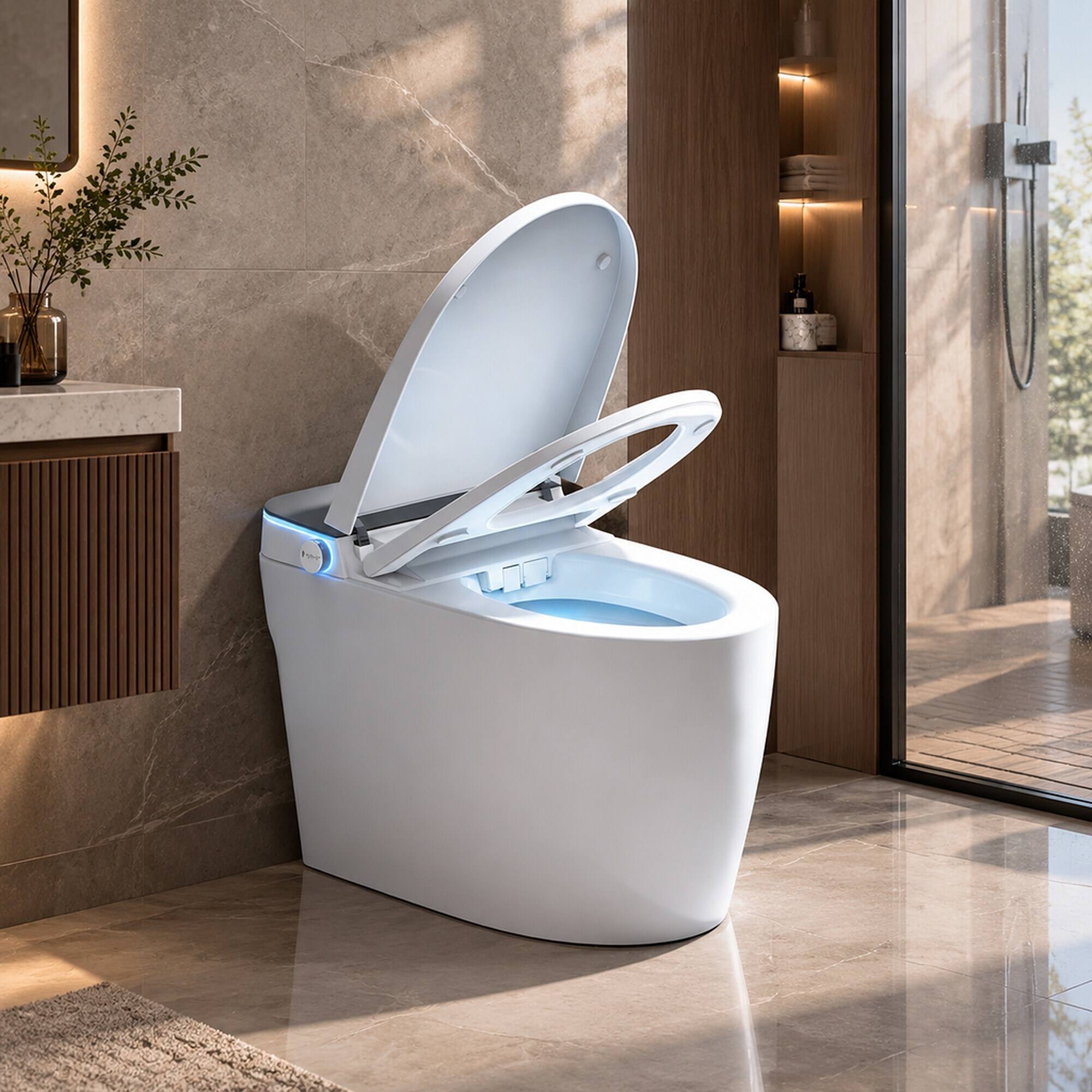 Left. RYHNUYNE - Smart Toilet With Heated Bidet Seat, Auto Open Close Warm Water Dryer Sanitary Fixture For Home Bathroom Daily Use - White.
