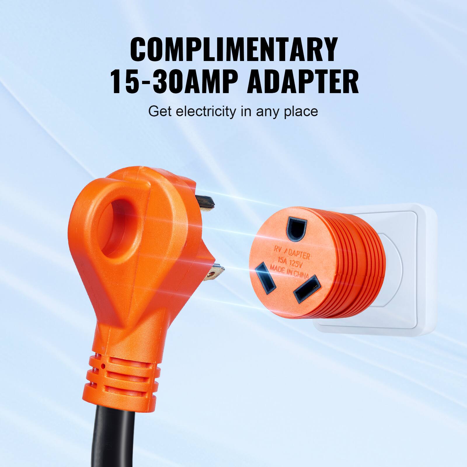 COMPLIMENTARY 15-30AMP ADAPTER Get electricity in any place RV 15A ADAPTER 125V MADE IN CHINA