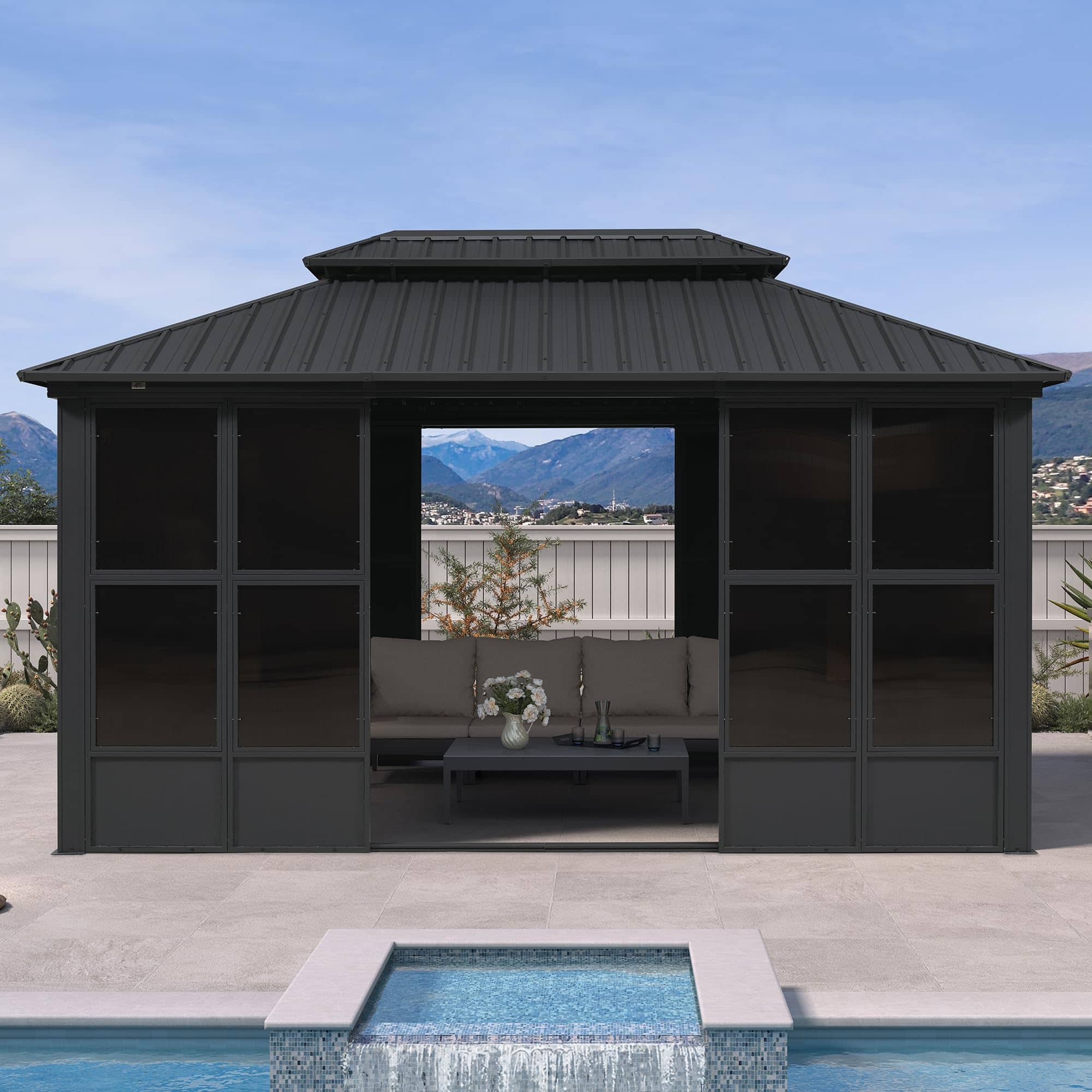 PURPLE LEAF - Sunroom Outdoor Hardtop Gazebo Gray Aluminum Frame Galvanized Steel Double Roof All-Weather Screen House - 10' X 15'