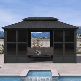 PURPLE LEAF - Sunroom Outdoor Hardtop Gazebo Gray Aluminum Frame Galvanized Steel Double Roof All-Weather Screen House - 10' X 15'
