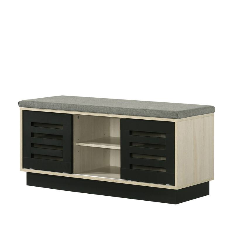 Angle. Whisen - Sliding Door Shoe Storage Bench with Upholstered Seat and Adjustable Shelves-Oak - Oak.