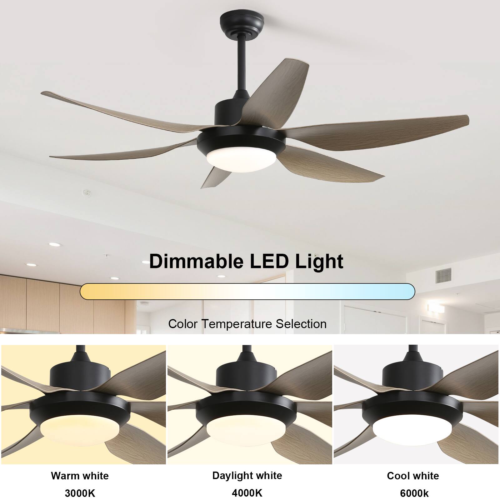 Dimmable LED Light

Color Temperature Selection

Warm white 3000K  
Daylight white 4000K  
Cool white 6000K