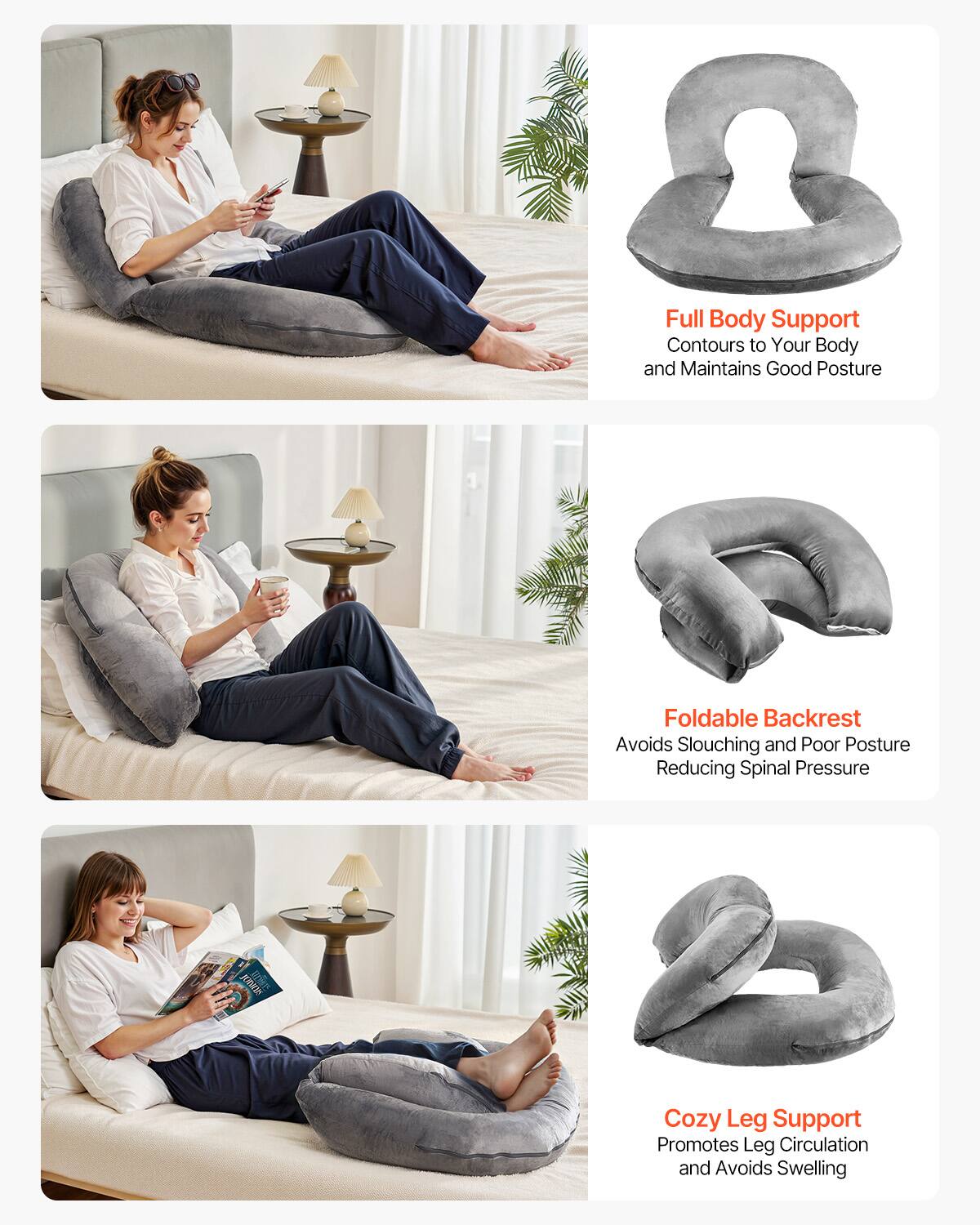 Full Body Support  
Contours to Your Body and Maintains Good Posture  

Foldable Backrest  
Avoids Slouching and Poor Posture Reducing Spinal Pressure  

Cozy Leg Support  
Promotes Leg Circulation and Avoids Swelling