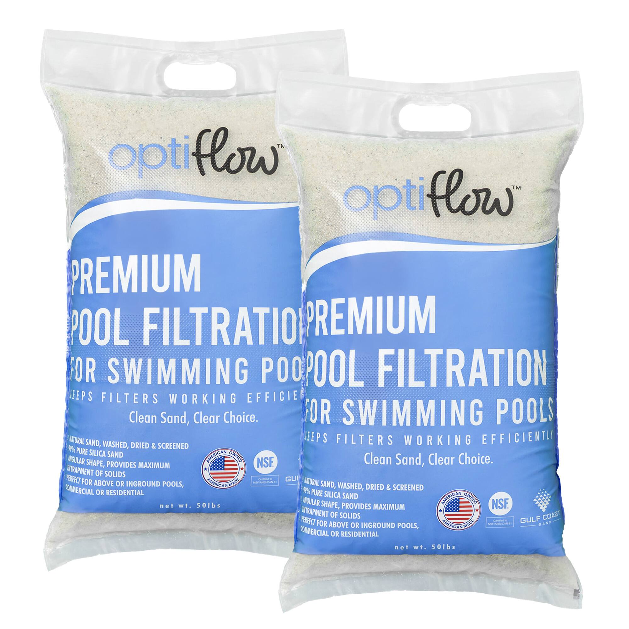 OptiFlow Premium Pool Filtration for Swimming Pools  
Helps Filters Working Efficiently  
Clean Sand, Clear Choice.  

Natural Sand, Washed, Dried & Screened  
Pure Silica Sand  
Angular Shape, Provides Maximum Trapment of Solids  
Perfect for Above or Inground Pools, Commercial or Residential  

Net wt. 50lbs  

NSF  
Gulf Coast