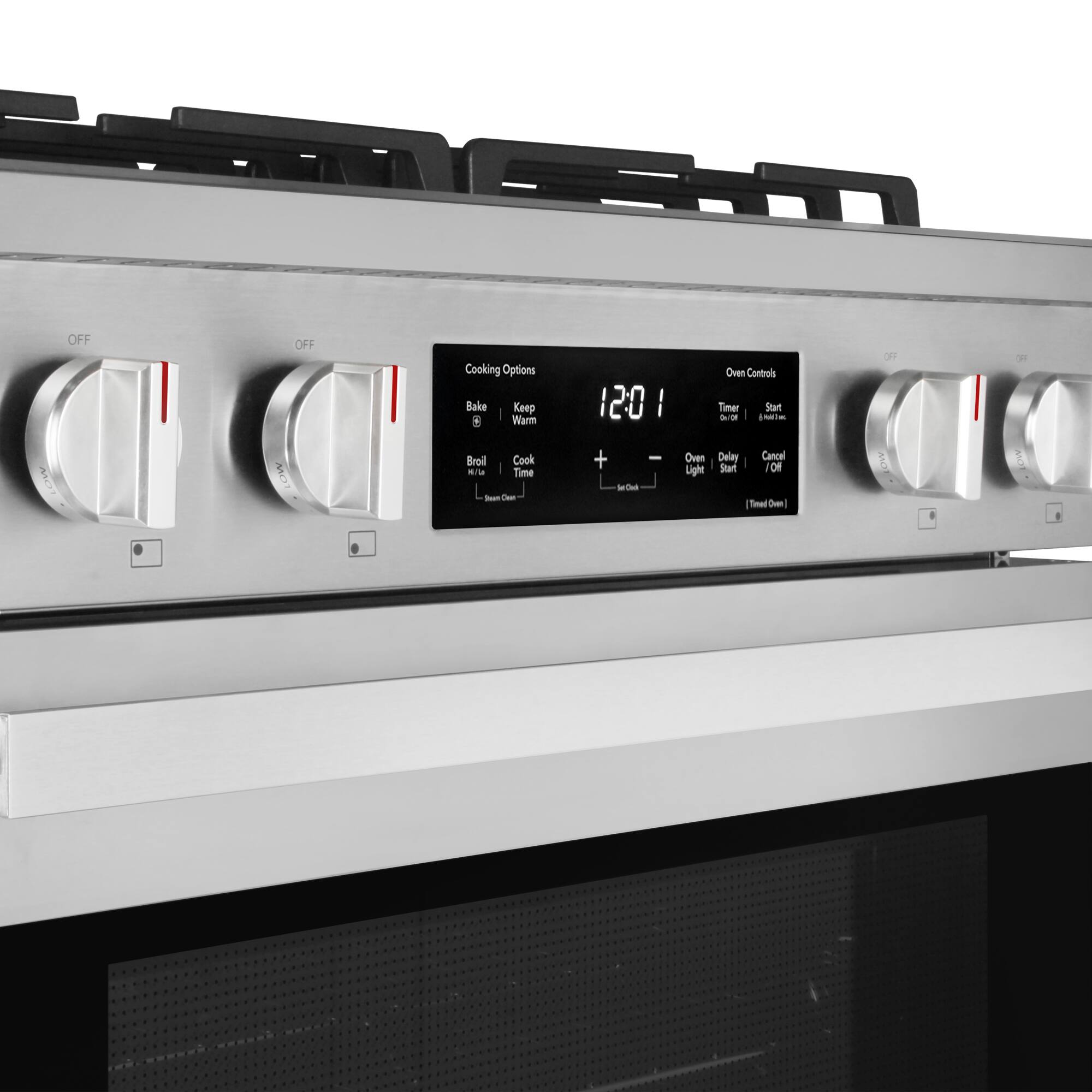 OFF OFF  
Cooking Options  
Bake | Keep Warm  
Broil | Cook Time  
Steam Clean  

Oven Controls  
12:01  
Timer | Start / Off  
Oven Light | Delay Start / Off  
Cancel | Timer Down  

Set Clock