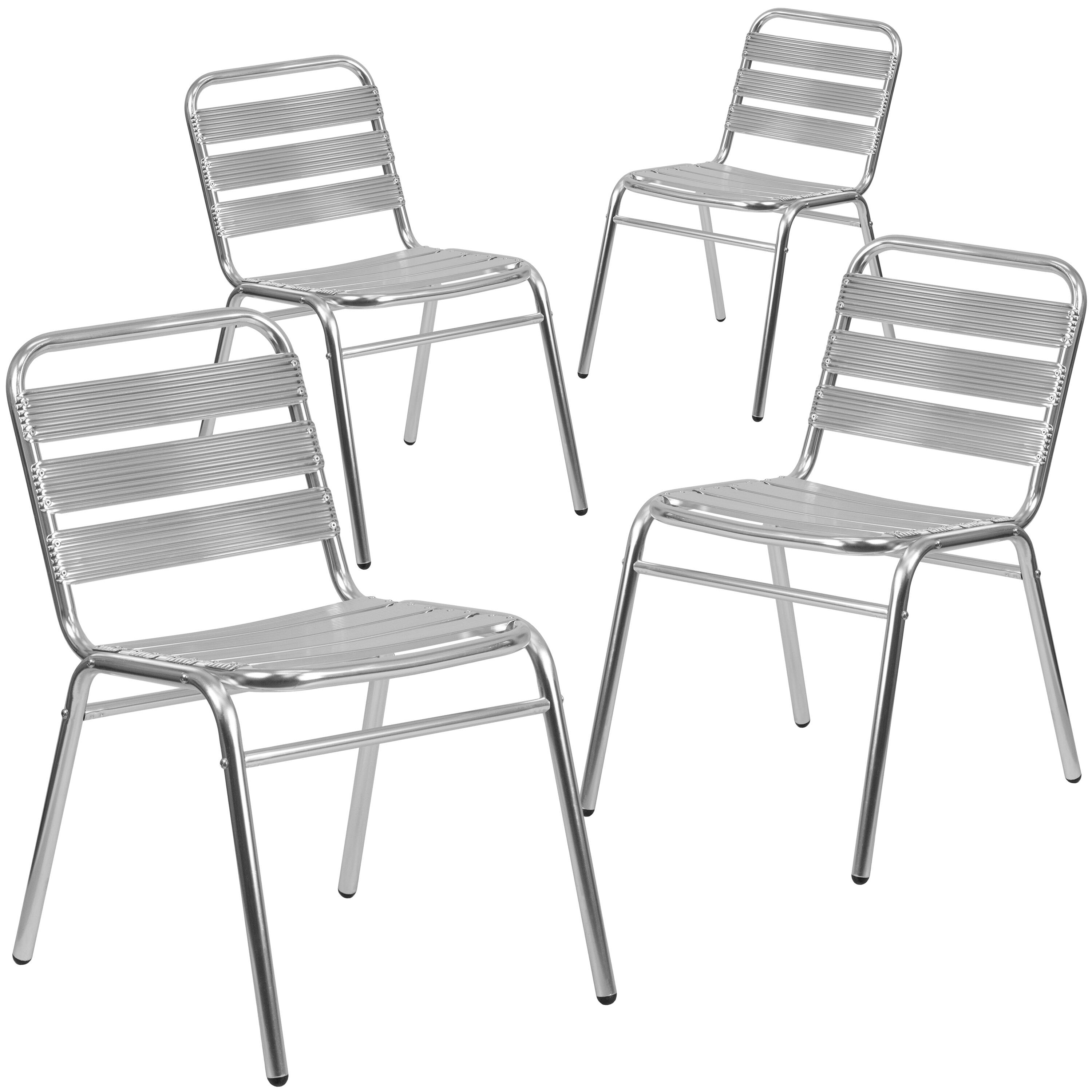 Emma + Oliver - 4 Pack Metal Commercial Indoor-Outdoor Armless Restaurant Stack Chair with Triple Slat Back - Aluminum