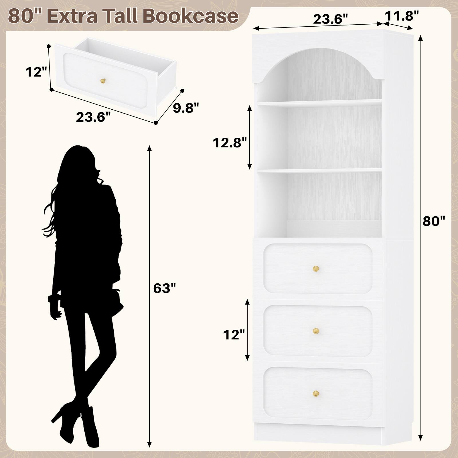 80" Extra Tall Bookcase  
23.6" x 11.8" x 12"  
9.8" x 12.8"  
80" x 63" x 12"