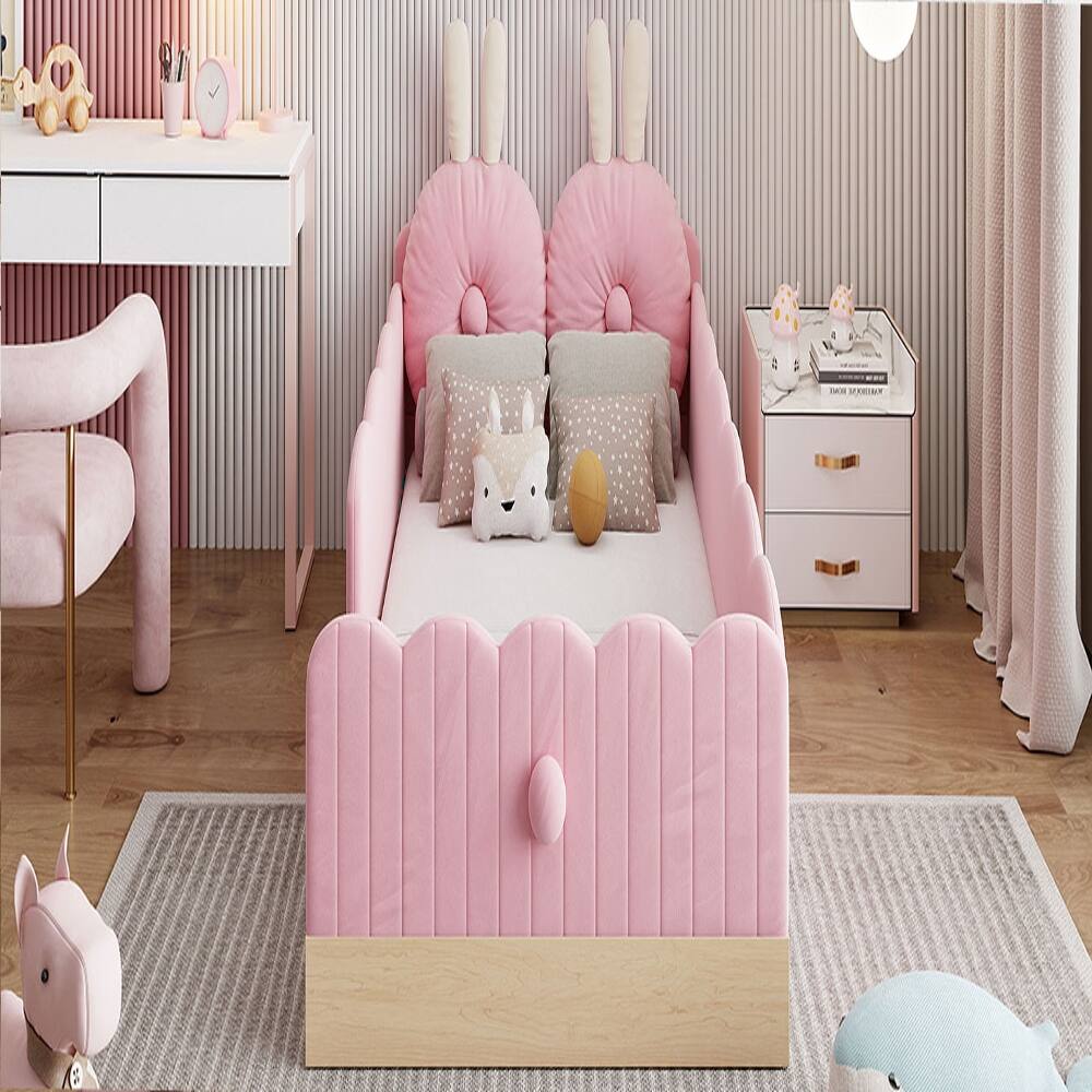 Alt View 2. Loheer - Loheer Twin Upholstered Platform Bed Pink Velvet Kids Bed - Pink.