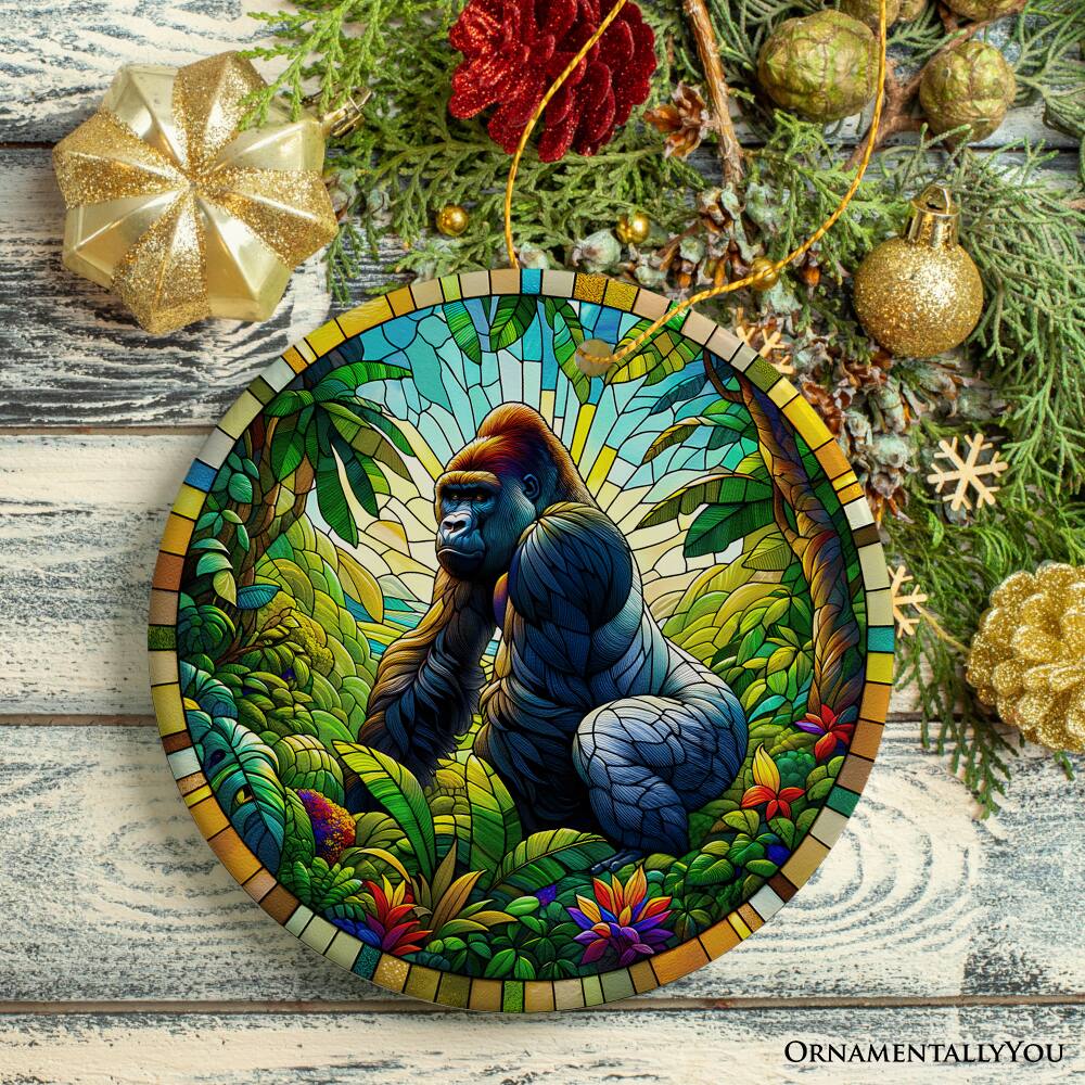Back. OrnamentallyYou - A Primate Safari Gorilla Stained Glass Style Ceramic Ornament African Animals Christmas Gift - Multi-colored.