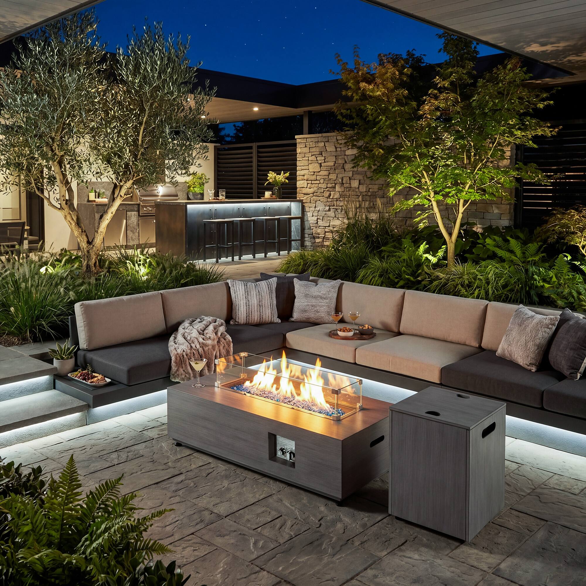 Nuu Garden 42.9 in. Rectangle Metal and Glass Propane Cement Gray Fire ...