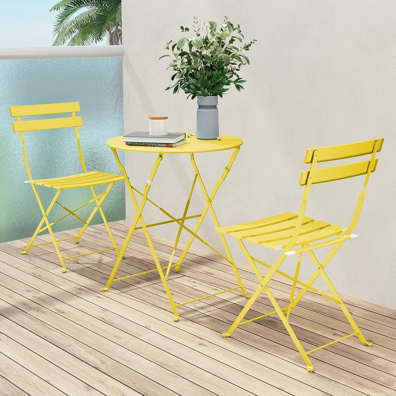 Left. Decksplore - 3 Piece Foldable Patio Set, Bistro Set, Outdoor Table and Chairs,Weather-Resistant Outdoor/Indoor - Yellow.