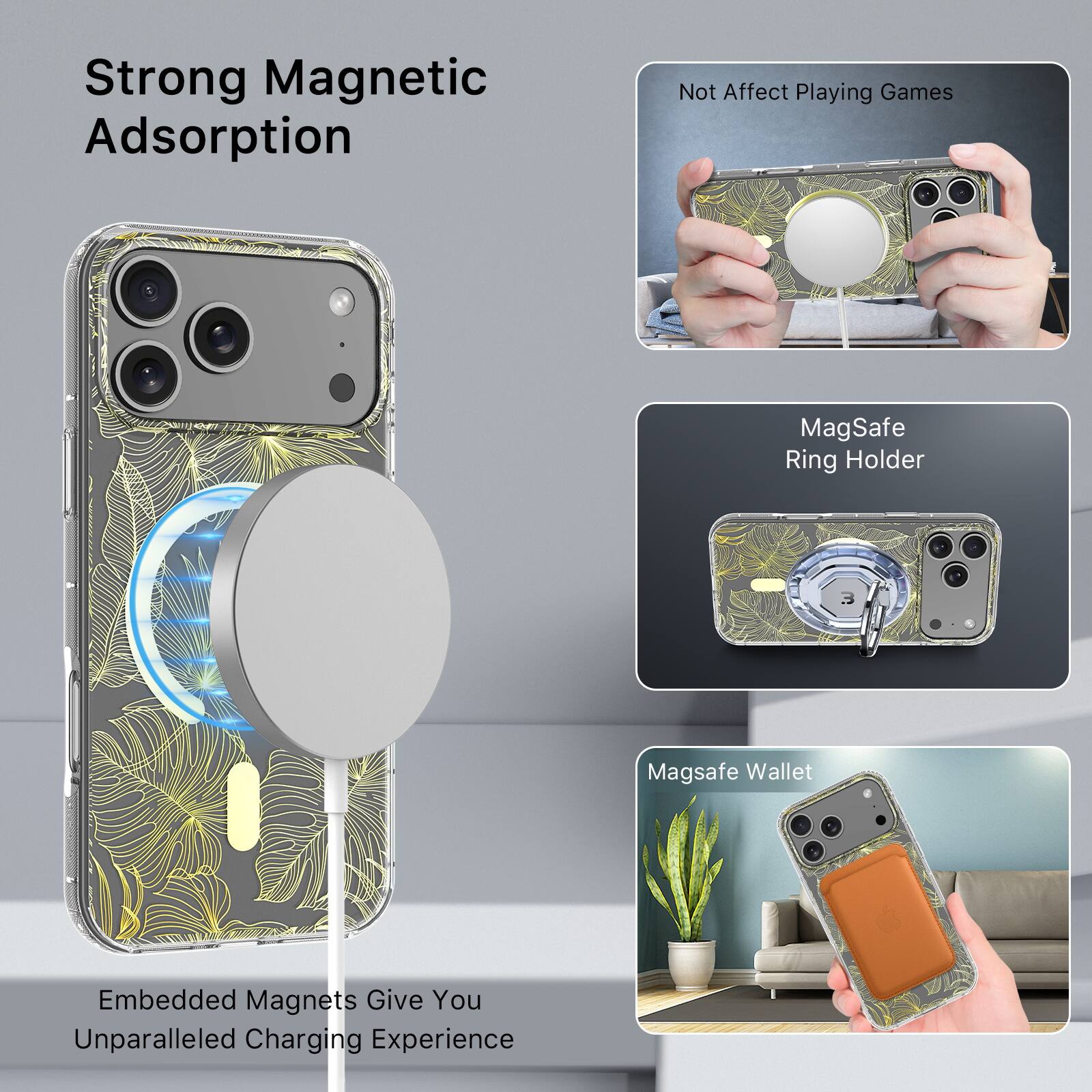 Strong Magnetic Adsorption

Embedded Magnets Give You Unparalleled Charging Experience

Not Affect Playing Games

MagSafe Ring Holder

MagSafe Wallet