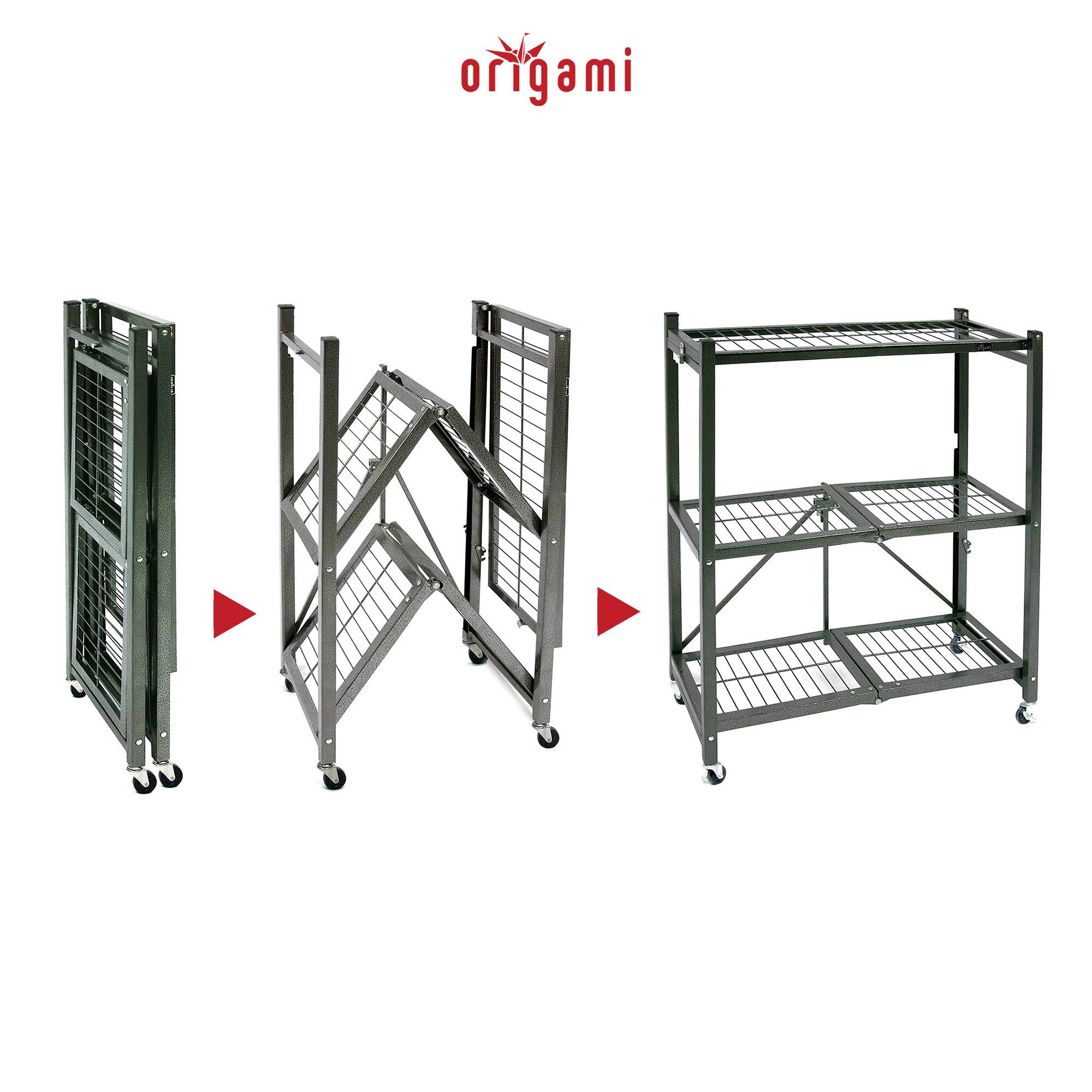 Alt View 4. Origami - Origami R3 Foldable 3-Tiered Shelf Storage Rack & Wheels, Pewter (2 Pack) - Pewter.