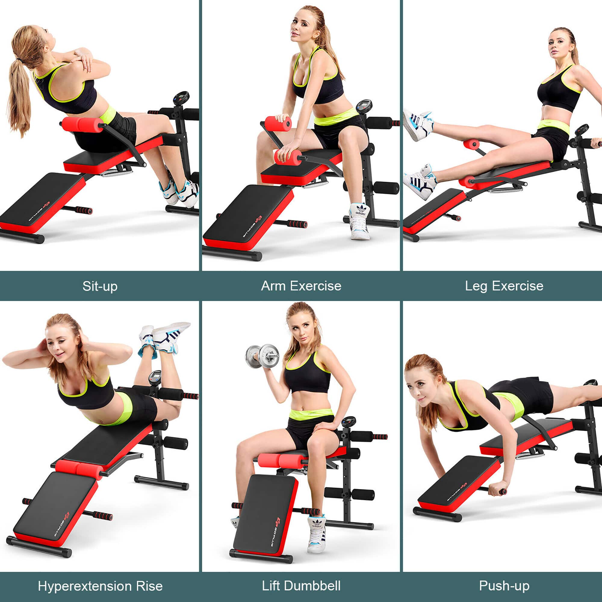 * Sit-up: A woman performing a sit-up on a bench.
* Arm Exercise: A woman lifting weights with her arms.
* Leg Exercise: A woman doing leg lifts on a bench.
* Hyperextension: A woman performing a hyperextension exercise.
* Rise: A woman doing a rise exercise.
* Lift Dumbbell: A woman lifting a dumbbell.
* Push-up: A woman doing push-ups on a bench.