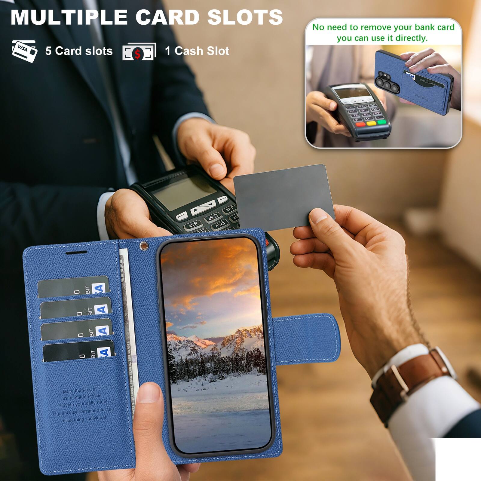 MULTIPLE CARD SLOTS  
5 Card slots  
1 Cash Slot  

No need to remove your bank card, you can use it directly.