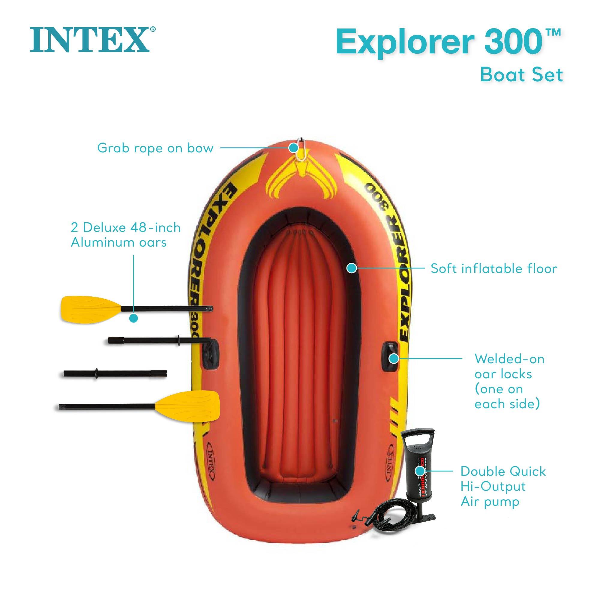 INTEX Explorer 300™ Boat Set

- Grab rope on bow
- 2 Deluxe 48-inch Aluminum oars
- Soft inflatable floor
- Welded-on oar locks (one on each side)
- Double Quick Hi-Output Air pump