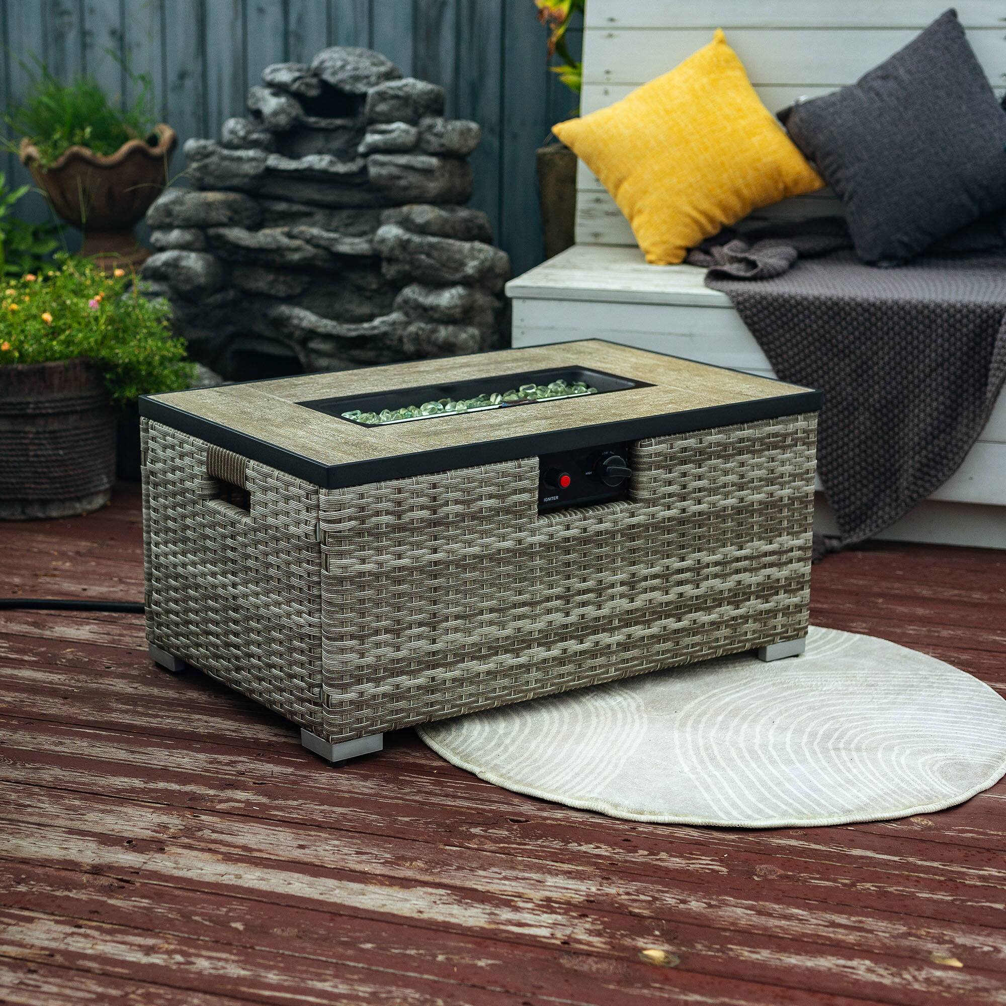 Back. Spaco - 32" Propane Fire Pit Table with Tank Cover, 50000 BTU Rectangular Steel Firepit with Wicker Base - Beige.