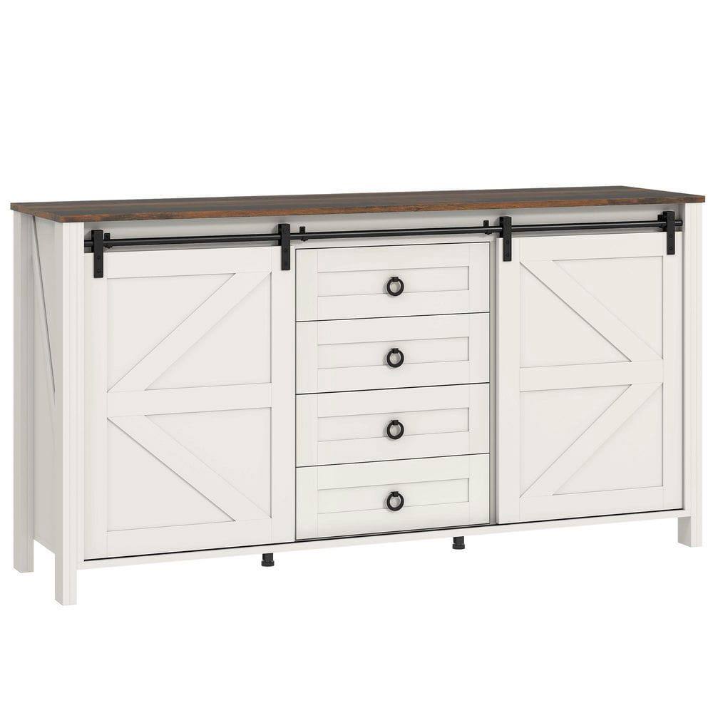 Angle. Kadyn - 60" Farmhouse Buffet with Sliding Barn Doors, Drawers and Adjustable Shelves, Cream White - White.